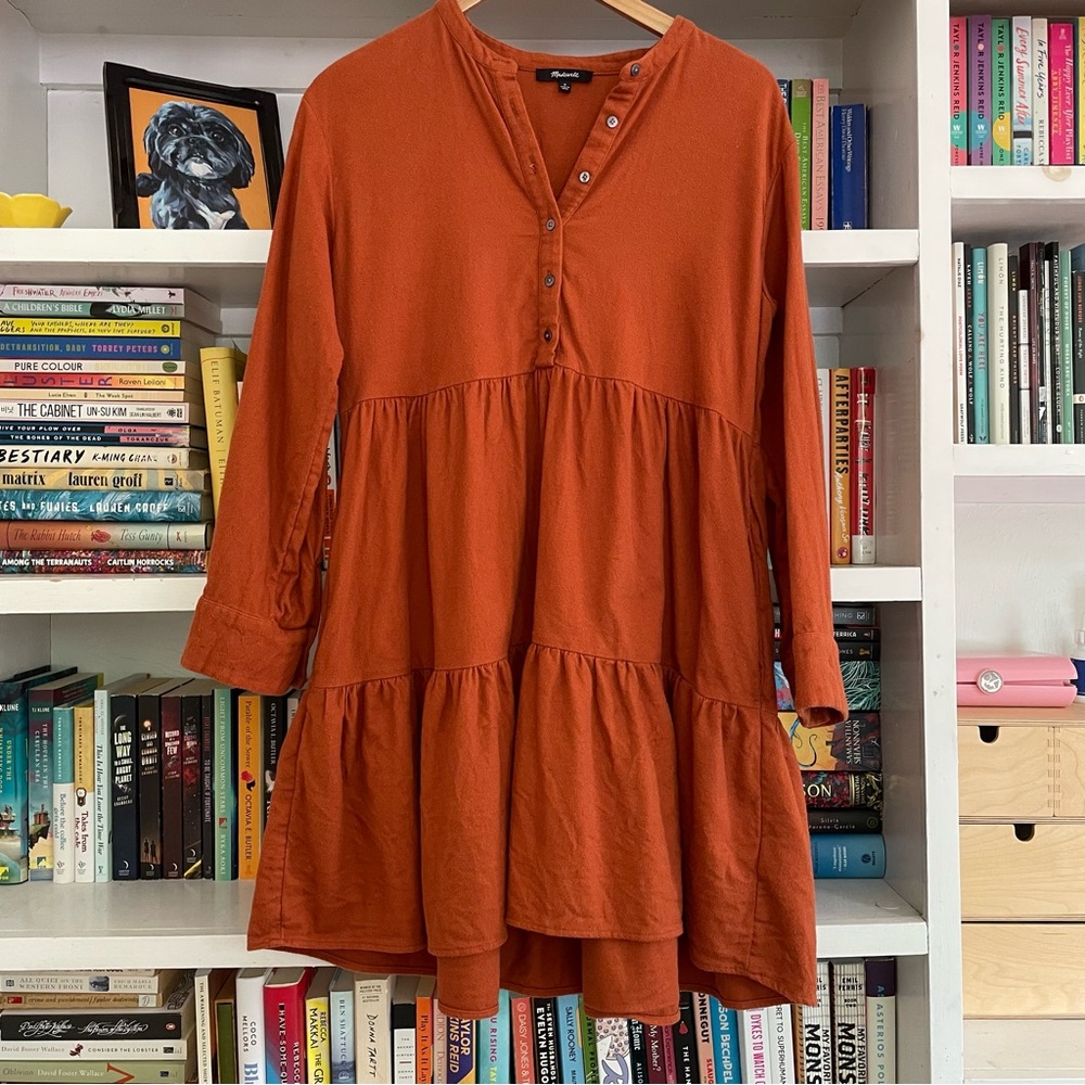 Madewell Flannel Button-Placket Tiered Mini Dress in Warm Nutmeg
